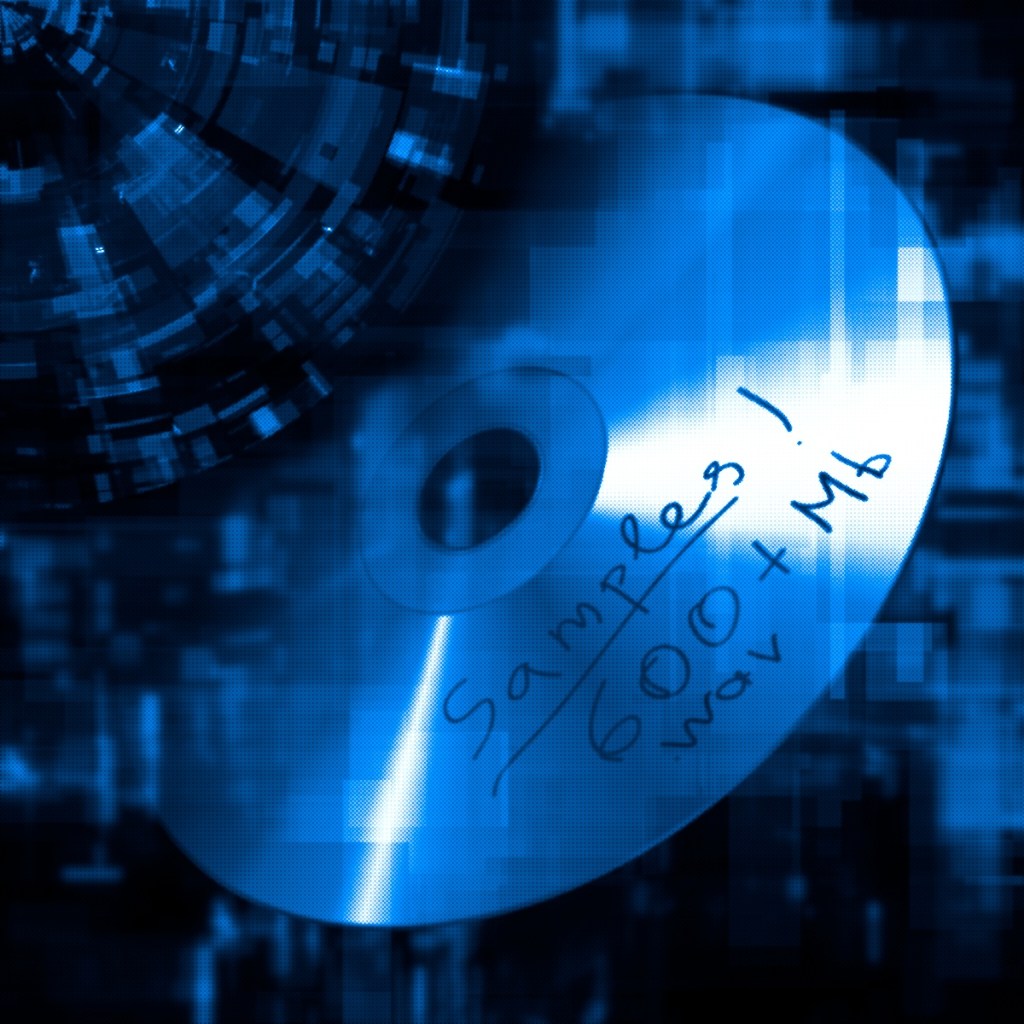 A blue-toned image featuring a CD labeled 'Samples! 600+ Mb wav' with a digital background.